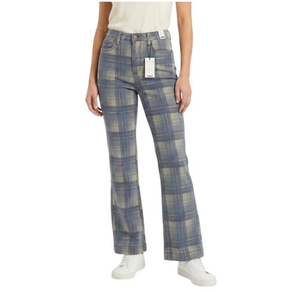 Judy Blue Plaid Straight Fit Jeans Womens 11/30 Blue Tan High Rise Stretch Denim